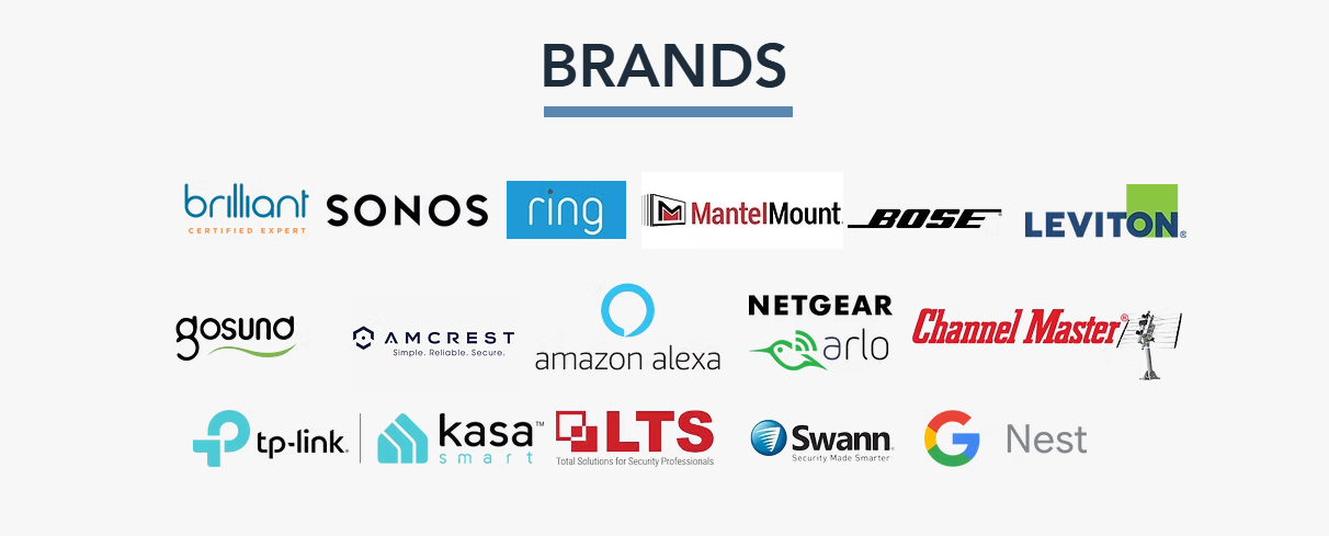 Brands we install — Brilliant, Sonos, Ring, MantelMount, Bose, Leviton, Gosund, Amcrest, Amazon Alexa, Netgear Arlo, Channel Master, TP-Link, Kasa Smart, LTS, Swann, Google Nest